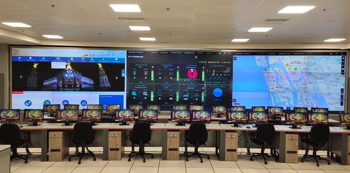 Emergency response command centre with live city dashboards and operator workstations